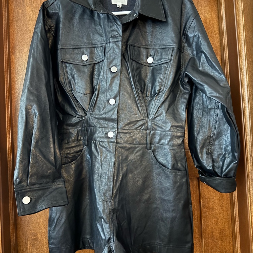 Le Lis Black Leather Jacket with White Buttons